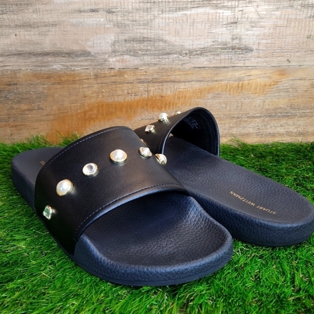 New Stuart WeitzmanWomen's Black Pearlshine Pool Leather Slide Sz 11.0